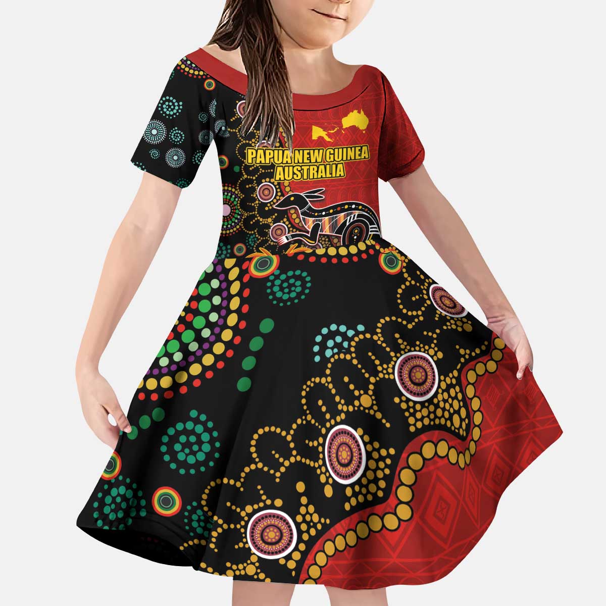 Personalised Papua New Guinea and Australia Together Kid Short Sleeve Dress Bird-of-paradise and Kangaroo with Aboriginal Pattern