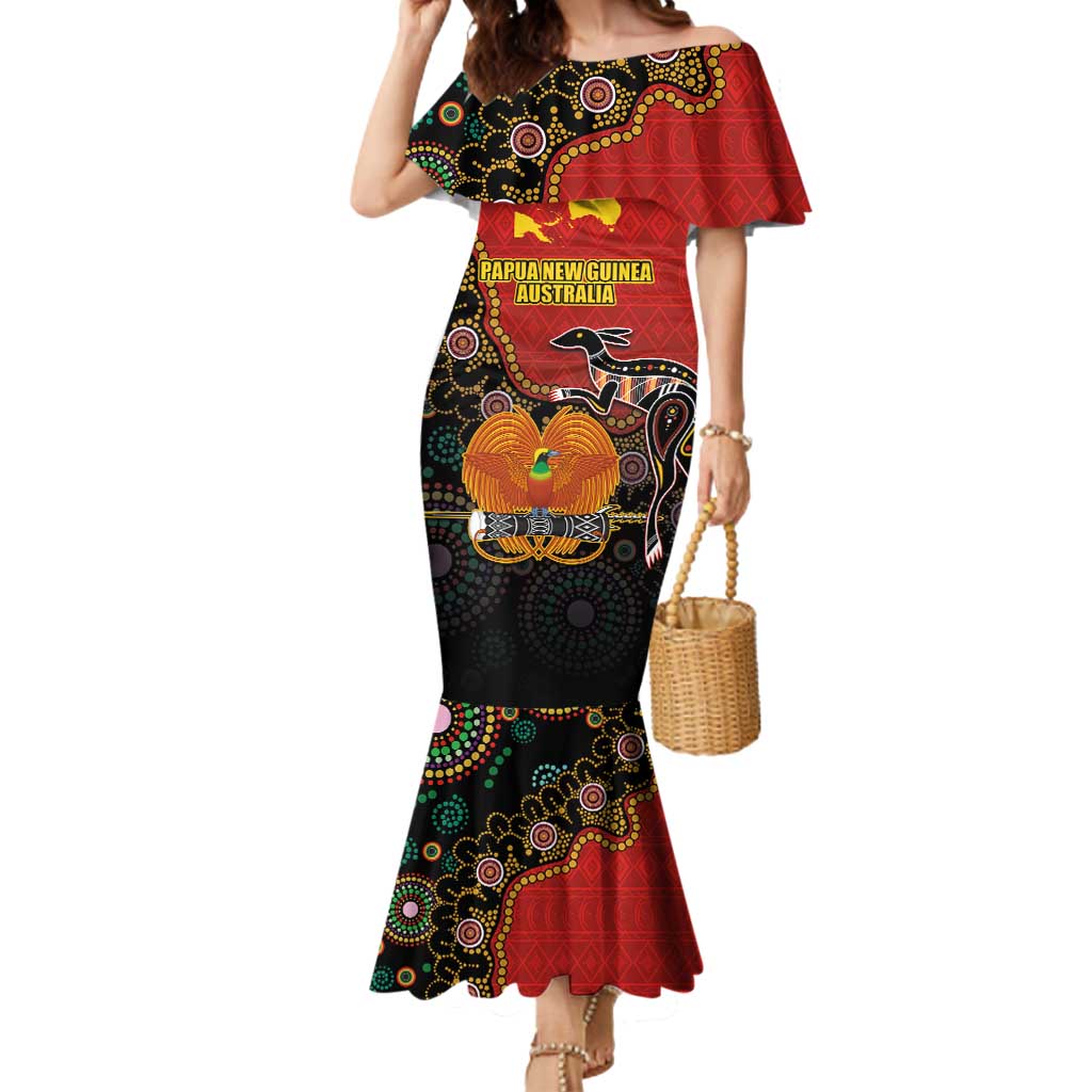 Personalised Papua New Guinea and Australia Together Mermaid Dress Bird-of-paradise and Kangaroo with Aboriginal Pattern