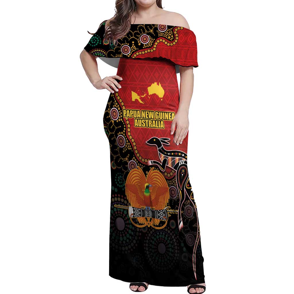 Personalised Papua New Guinea and Australia Together Off Shoulder Maxi Dress Bird-of-paradise and Kangaroo with Aboriginal Pattern