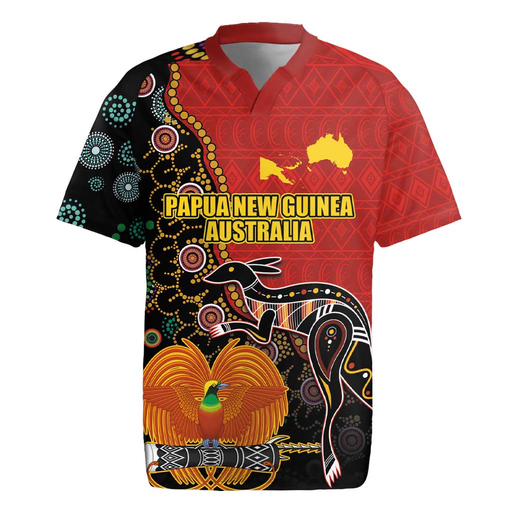 Personalised Papua New Guinea and Australia Together Rugby Jersey Bird-of-paradise and Kangaroo with Aboriginal Pattern