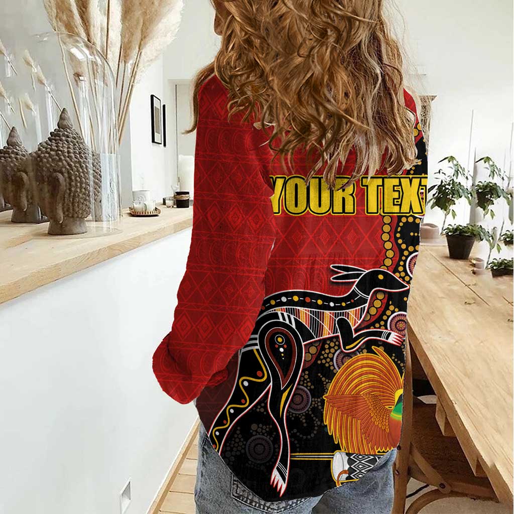 Personalised Papua New Guinea and Australia Together Women Casual Shirt Bird-of-paradise and Kangaroo with Aboriginal Pattern
