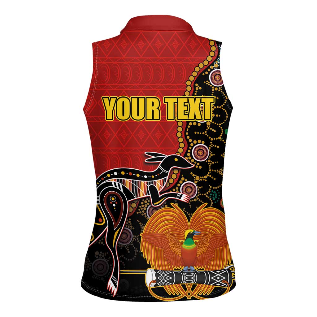 Personalised Papua New Guinea and Australia Together Women Sleeveless Polo Shirt Bird-of-paradise and Kangaroo with Aboriginal Pattern