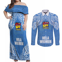 Hela Wigmen Rugby Couples Matching Off Shoulder Maxi Dress and Long Sleeve Button Shirts Papua New Guinea Polynesian Tattoo LT03 Blue - Polynesian Pride