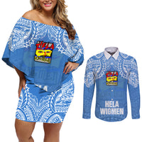 Hela Wigmen Rugby Couples Matching Off Shoulder Short Dress and Long Sleeve Button Shirts Papua New Guinea Polynesian Tattoo LT03 Blue - Polynesian Pride