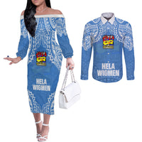 Hela Wigmen Rugby Couples Matching Off The Shoulder Long Sleeve Dress and Long Sleeve Button Shirts Papua New Guinea Polynesian Tattoo LT03 Blue - Polynesian Pride