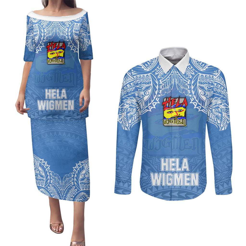 Hela Wigmen Rugby Couples Matching Puletasi Dress and Long Sleeve Button Shirts Papua New Guinea Polynesian Tattoo LT03 Blue - Polynesian Pride