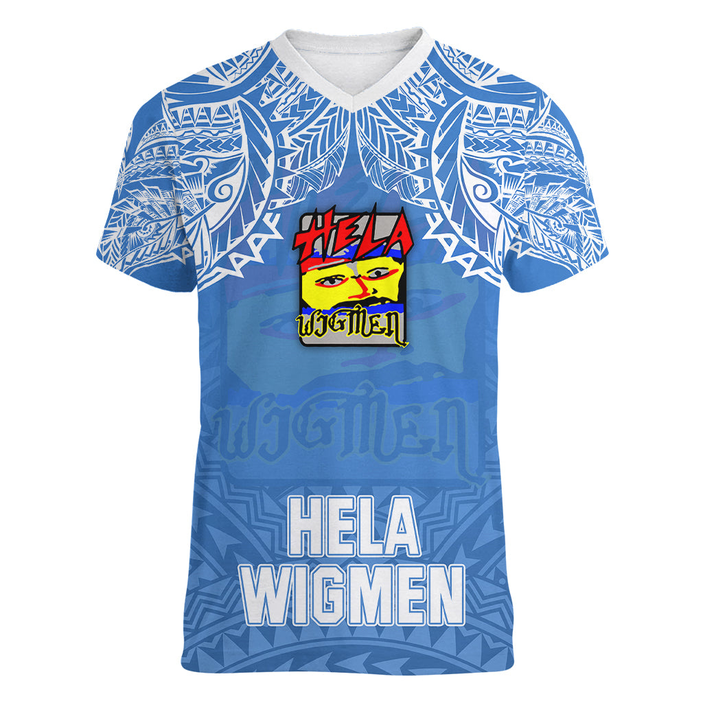 Hela Wigmen Rugby Women V Neck T Shirt Papua New Guinea Polynesian Tattoo LT03 Female Blue - Polynesian Pride