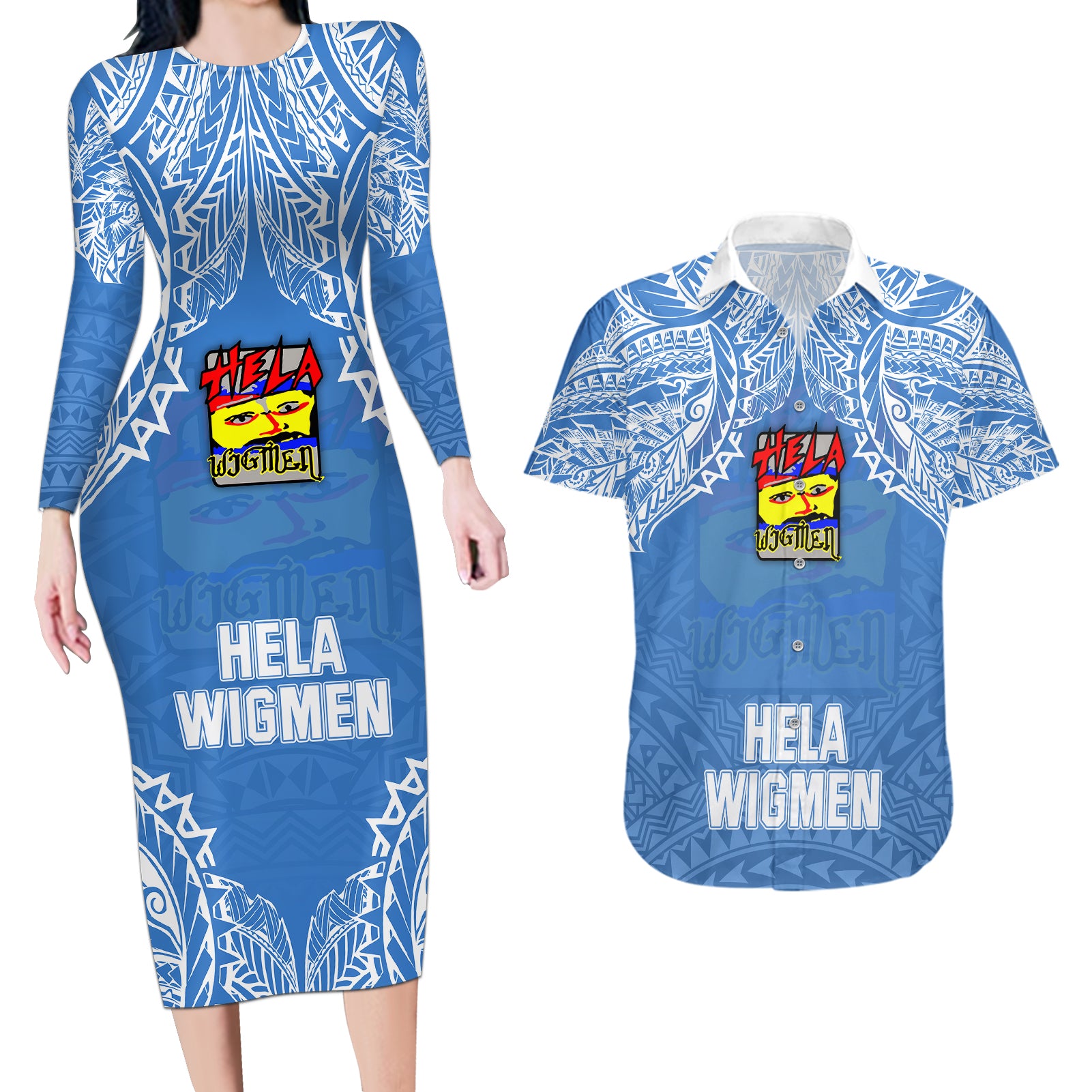 Custom Hela Wigmen Rugby Couples Matching Long Sleeve Bodycon Dress and Hawaiian Shirt Papua New Guinea Polynesian Tattoo LT03 Blue - Polynesian Pride