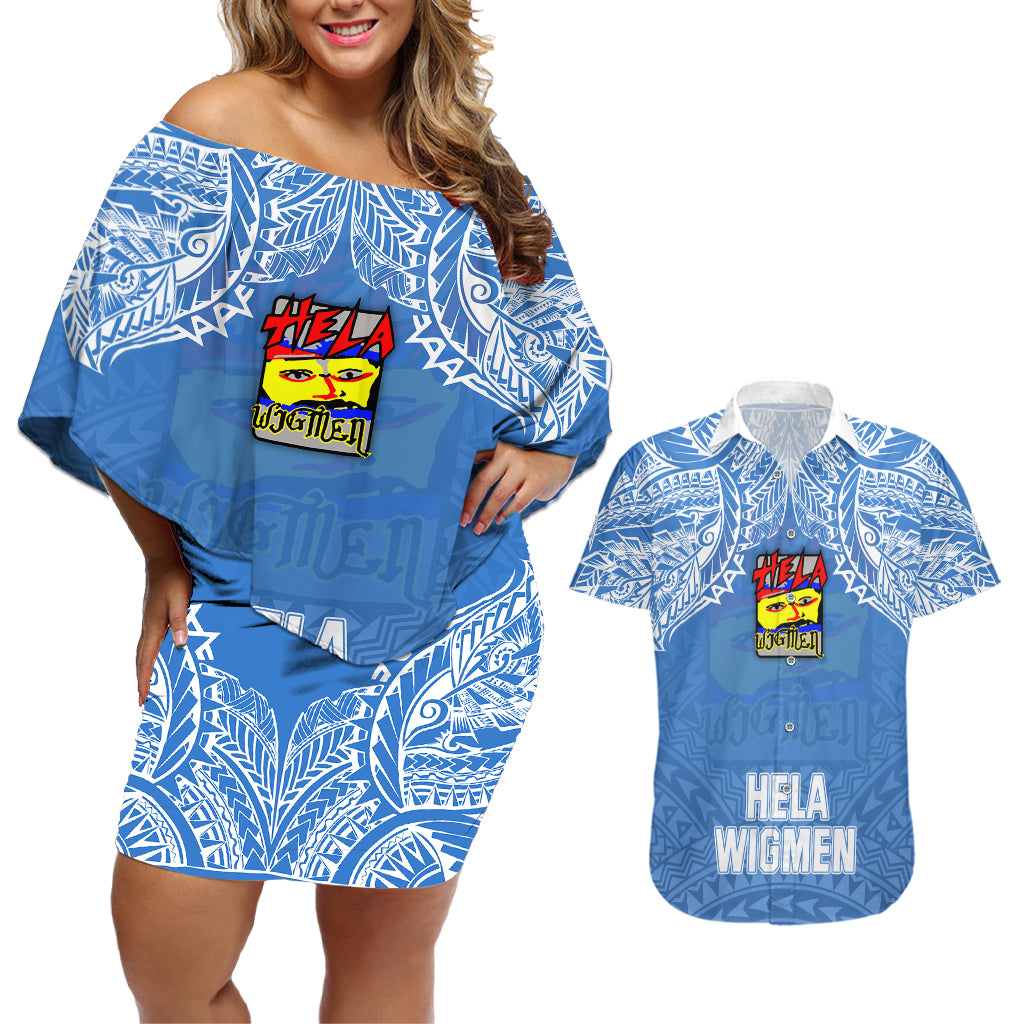 Custom Hela Wigmen Rugby Couples Matching Off Shoulder Short Dress and Hawaiian Shirt Papua New Guinea Polynesian Tattoo LT03 Blue - Polynesian Pride