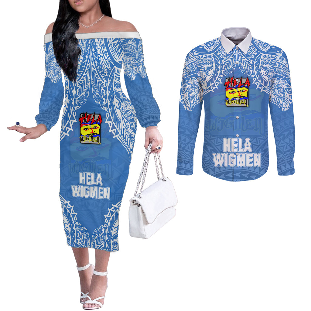 Custom Hela Wigmen Rugby Couples Matching Off The Shoulder Long Sleeve Dress and Long Sleeve Button Shirts Papua New Guinea Polynesian Tattoo LT03 Blue - Polynesian Pride
