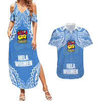 Custom Hela Wigmen Rugby Couples Matching Summer Maxi Dress and Hawaiian Shirt Papua New Guinea Polynesian Tattoo LT03 Blue - Polynesian Pride