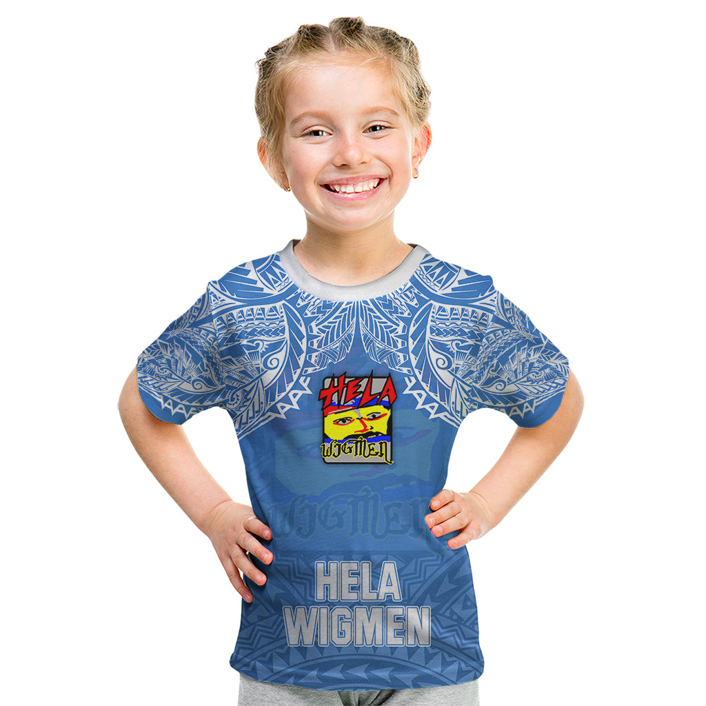 Custom Hela Wigmen Rugby Kid T Shirt Papua New Guinea Polynesian Tattoo LT03 Blue - Polynesian Pride