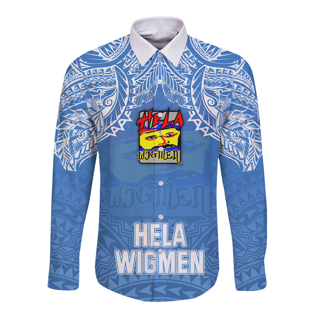 Custom Hela Wigmen Rugby Long Sleeve Button Shirt Papua New Guinea Polynesian Tattoo LT03 Unisex Blue - Polynesian Pride