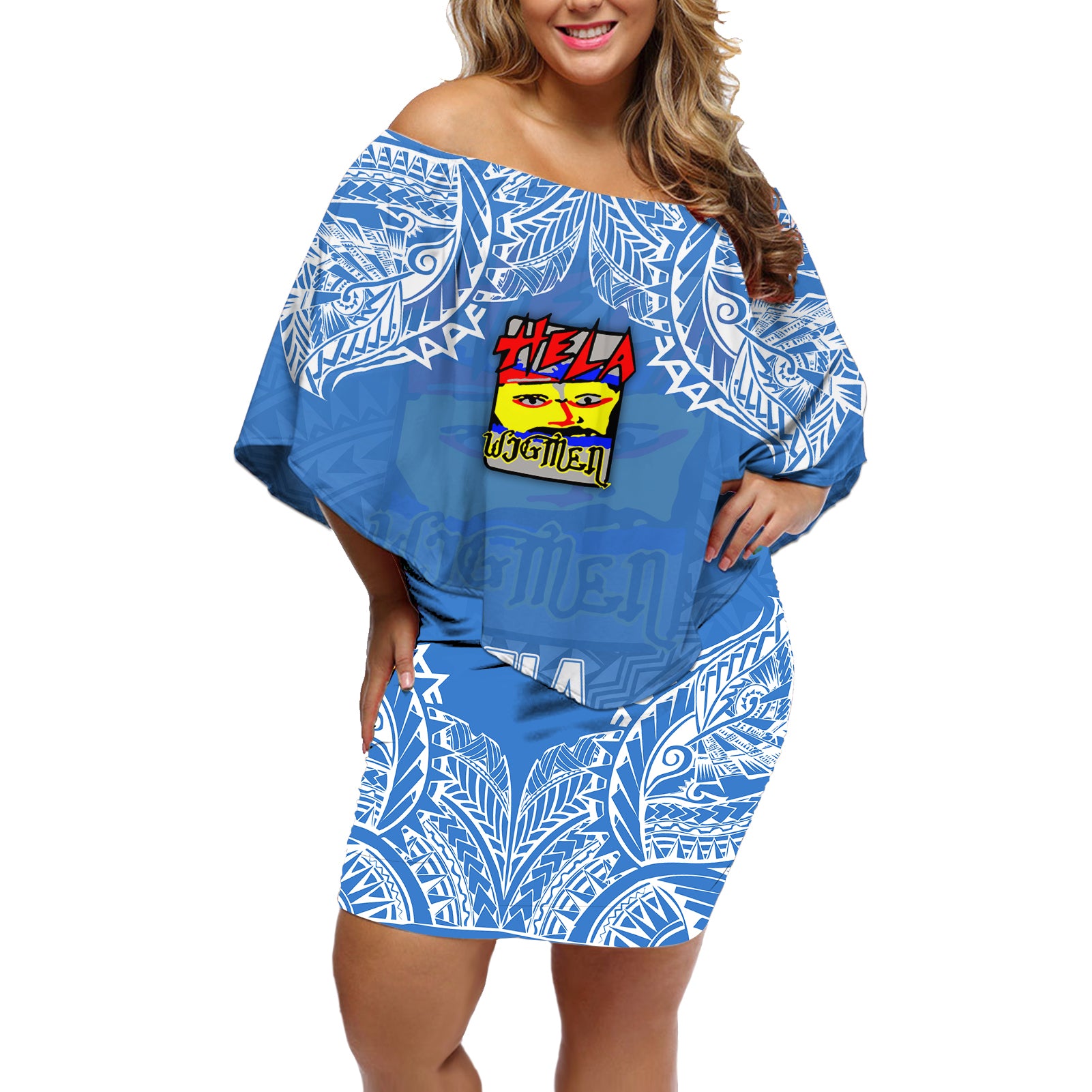 Custom Hela Wigmen Rugby Off Shoulder Short Dress Papua New Guinea Polynesian Tattoo LT03 Women Blue - Polynesian Pride