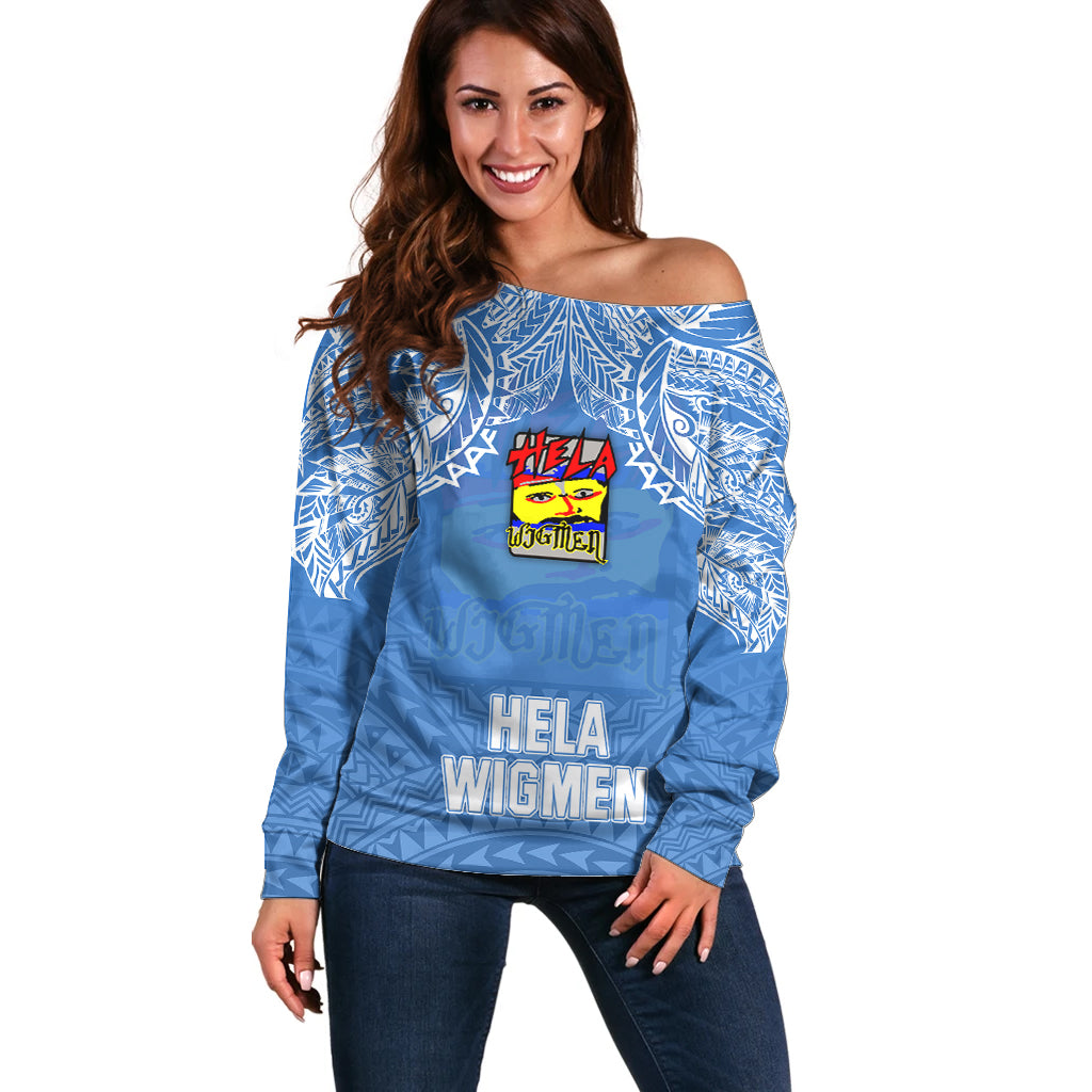 Custom Hela Wigmen Rugby Off Shoulder Sweater Papua New Guinea Polynesian Tattoo LT03 Women Blue - Polynesian Pride