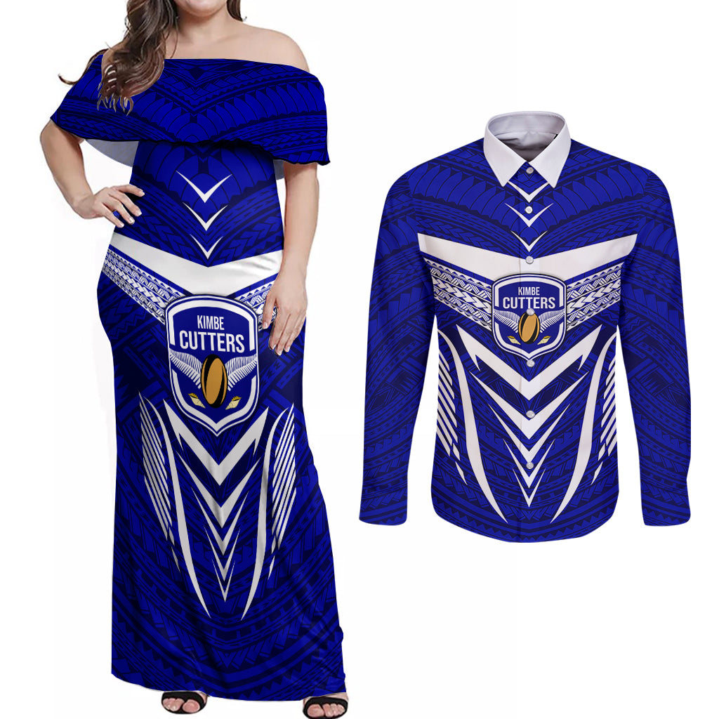 Kimbe Cutters Rugby Couples Matching Off Shoulder Maxi Dress and Long Sleeve Button Shirts Papua New Guinea Polynesian Tattoo Blue Version LT03 Blue - Polynesian Pride