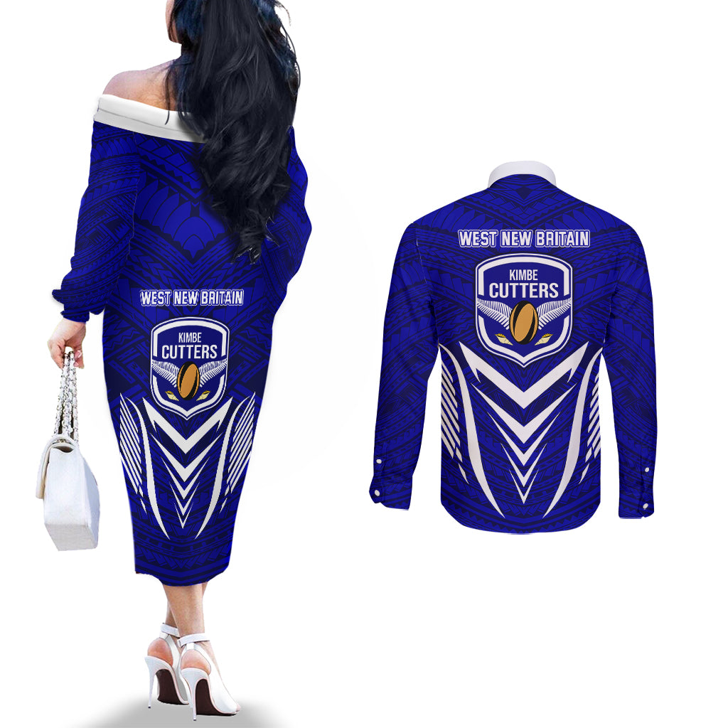 Kimbe Cutters Rugby Couples Matching Off The Shoulder Long Sleeve Dress and Long Sleeve Button Shirts Papua New Guinea Polynesian Tattoo Blue Version LT03 - Polynesian Pride