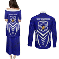 Kimbe Cutters Rugby Couples Matching Puletasi Dress and Long Sleeve Button Shirts Papua New Guinea Polynesian Tattoo Blue Version LT03 - Polynesian Pride