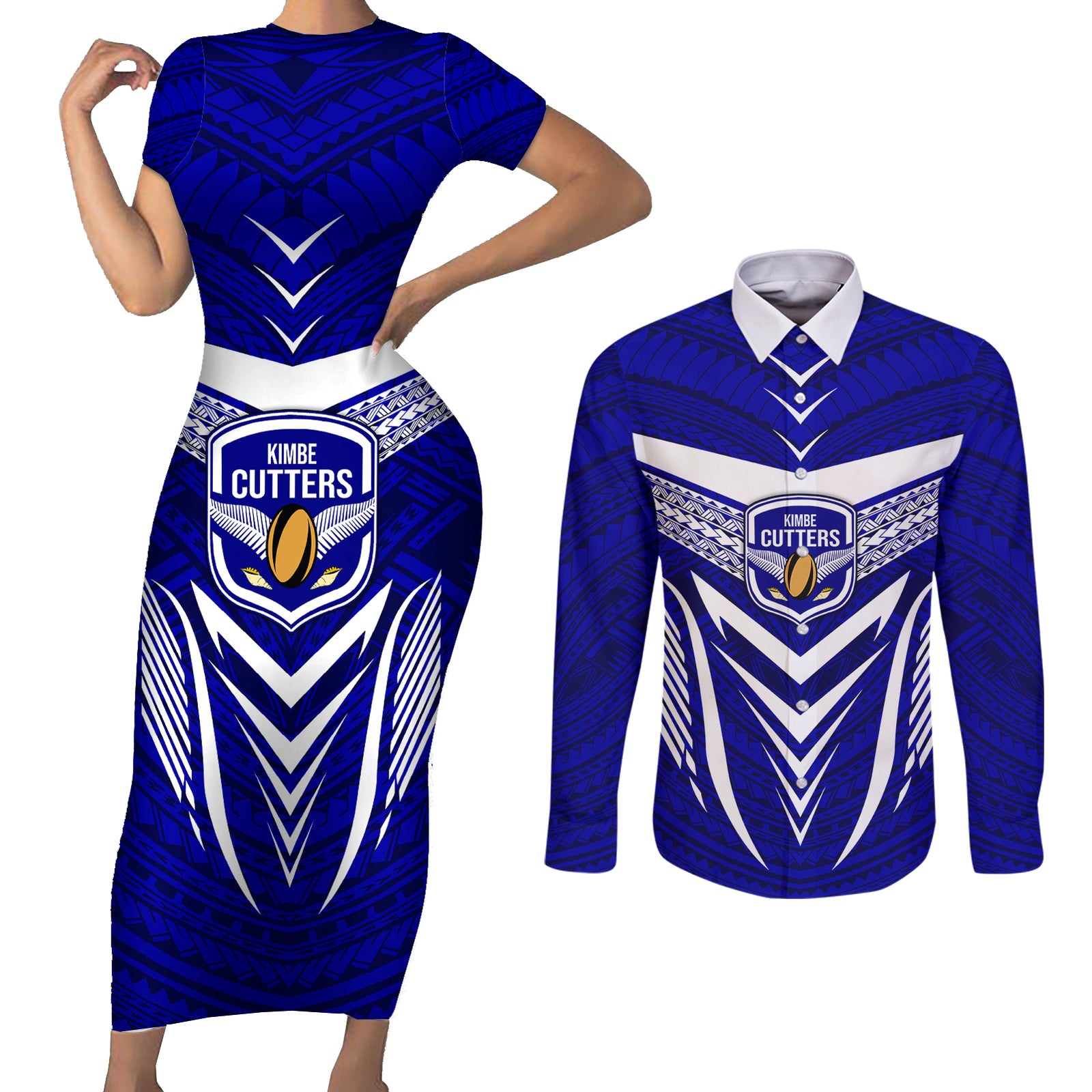 Kimbe Cutters Rugby Couples Matching Short Sleeve Bodycon Dress and Long Sleeve Button Shirts Papua New Guinea Polynesian Tattoo Blue Version LT03 Blue - Polynesian Pride