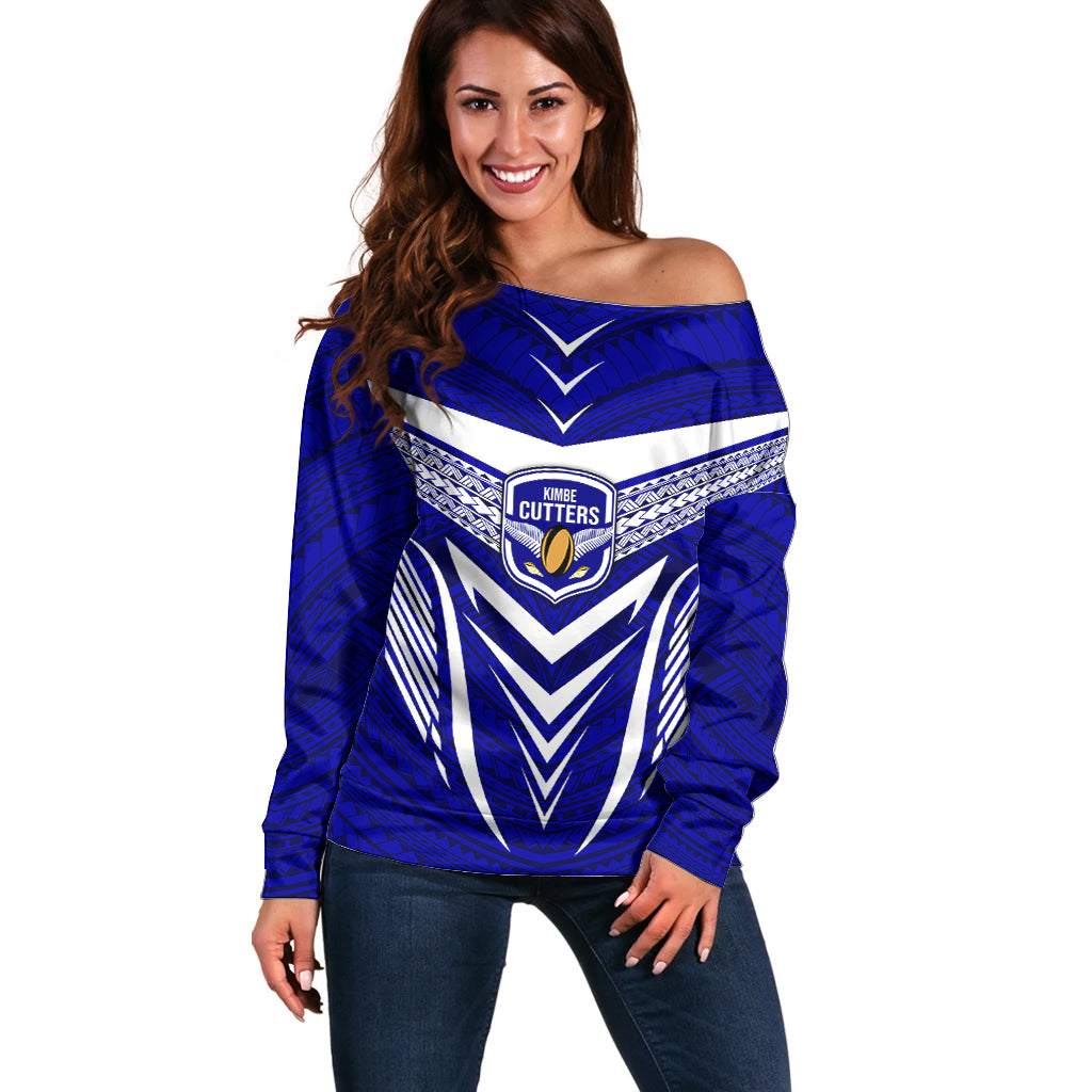 Kimbe Cutters Rugby Off Shoulder Sweater Papua New Guinea Polynesian Tattoo Blue Version LT03 Women Blue - Polynesian Pride