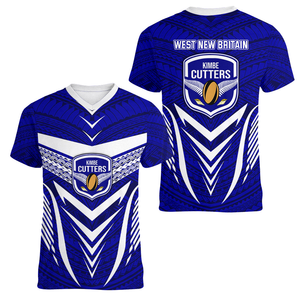 Kimbe Cutters Rugby Women V Neck T Shirt Papua New Guinea Polynesian Tattoo Blue Version LT03 - Polynesian Pride