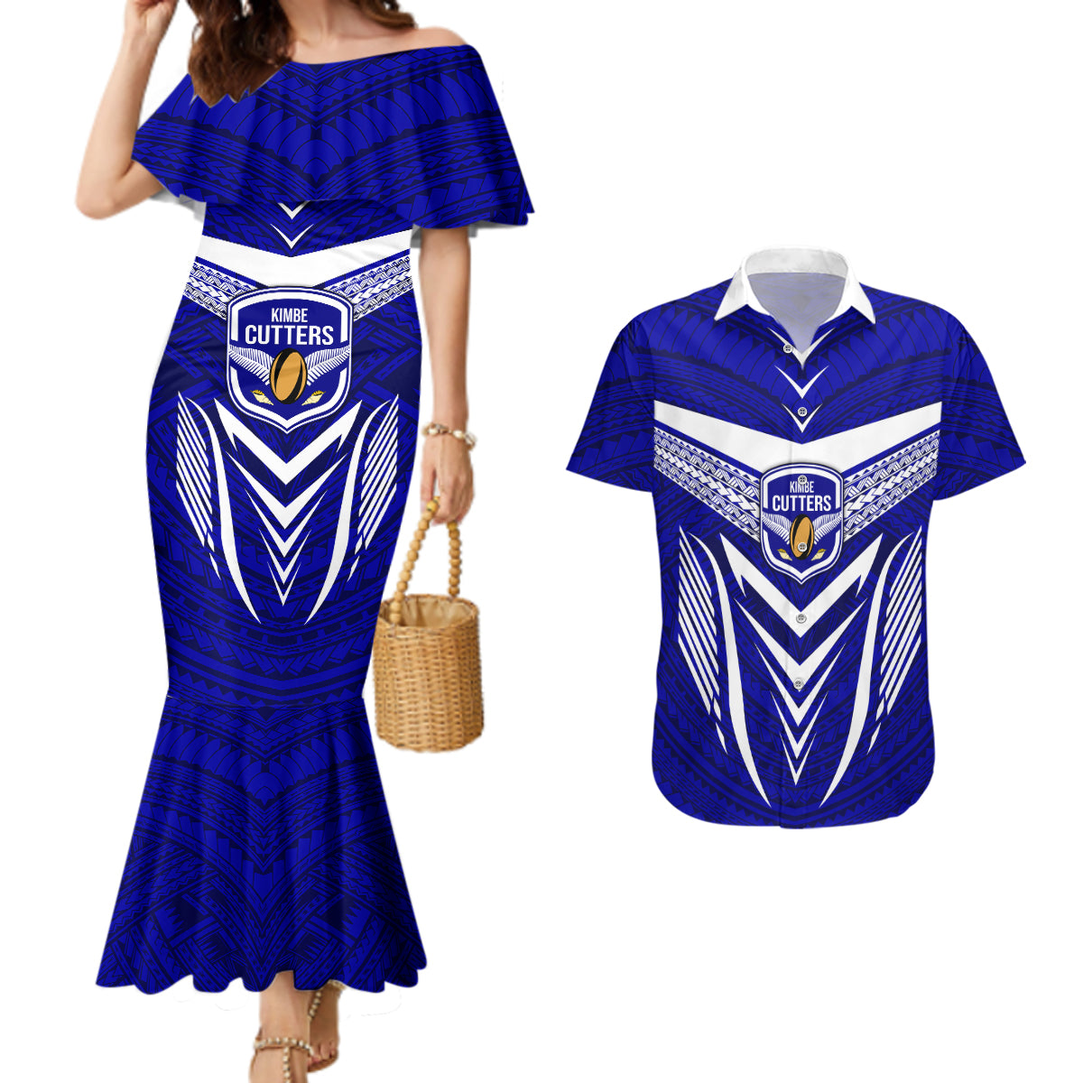 Custom Kimbe Cutters Rugby Couples Matching Mermaid Dress and Hawaiian Shirt Papua New Guinea Polynesian Tattoo Blue Version LT03 Blue - Polynesian Pride