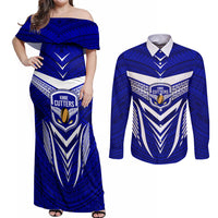 Custom Kimbe Cutters Rugby Couples Matching Off Shoulder Maxi Dress and Long Sleeve Button Shirts Papua New Guinea Polynesian Tattoo Blue Version LT03 Blue - Polynesian Pride