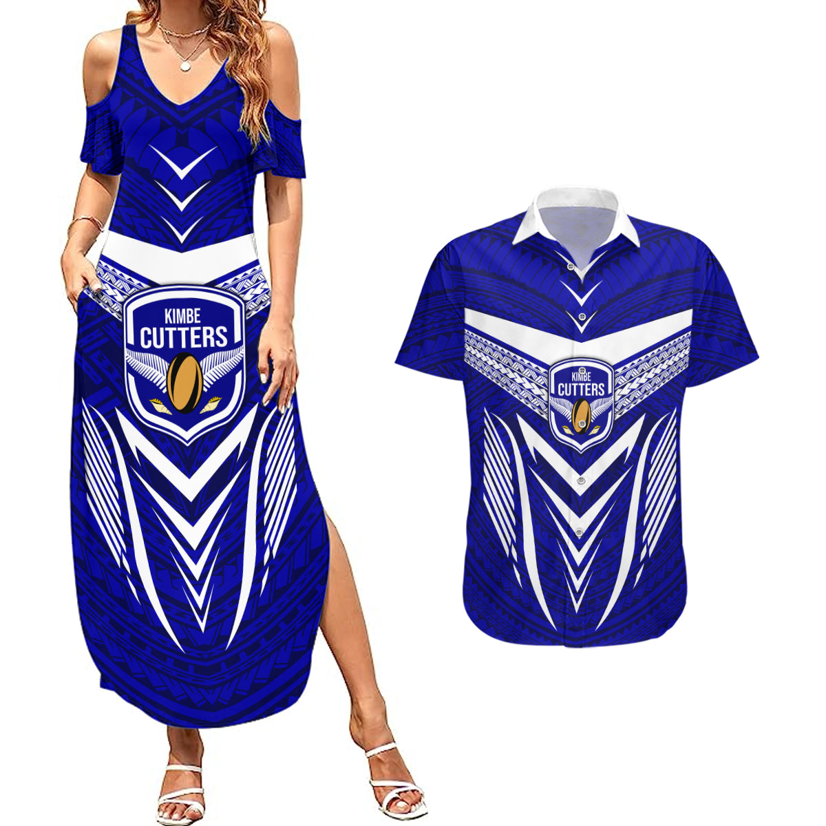 Custom Kimbe Cutters Rugby Couples Matching Summer Maxi Dress and Hawaiian Shirt Papua New Guinea Polynesian Tattoo Blue Version LT03 Blue - Polynesian Pride