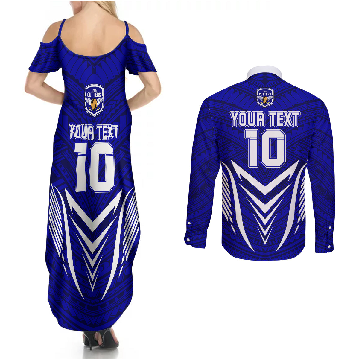 Custom Kimbe Cutters Rugby Couples Matching Summer Maxi Dress and Long Sleeve Button Shirts Papua New Guinea Polynesian Tattoo Blue Version LT03 - Polynesian Pride