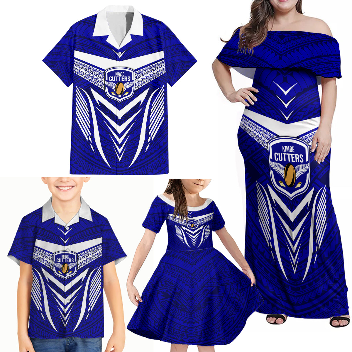 Custom Kimbe Cutters Rugby Family Matching Off Shoulder Maxi Dress and Hawaiian Shirt Papua New Guinea Polynesian Tattoo Blue Version LT03 - Polynesian Pride