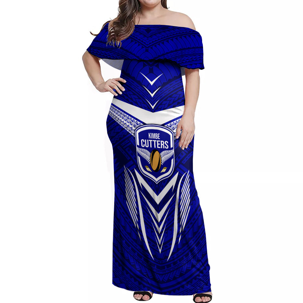 Custom Kimbe Cutters Rugby Off Shoulder Maxi Dress Papua New Guinea Polynesian Tattoo Blue Version LT03 Women Blue - Polynesian Pride