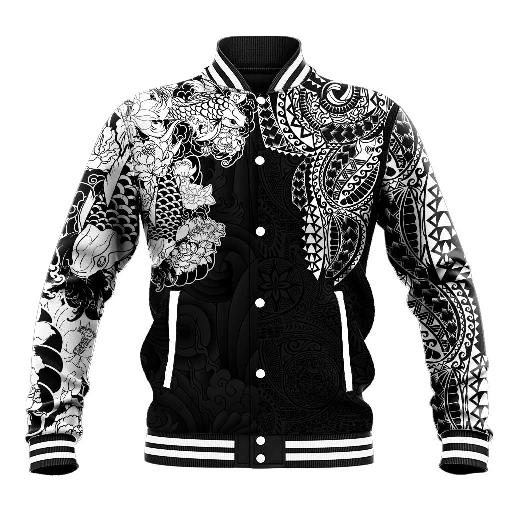 Japanese Irezumi and Hawaiian Polynesian Art Tattoo Baseball Jacket Black Color - Polynesian Pride