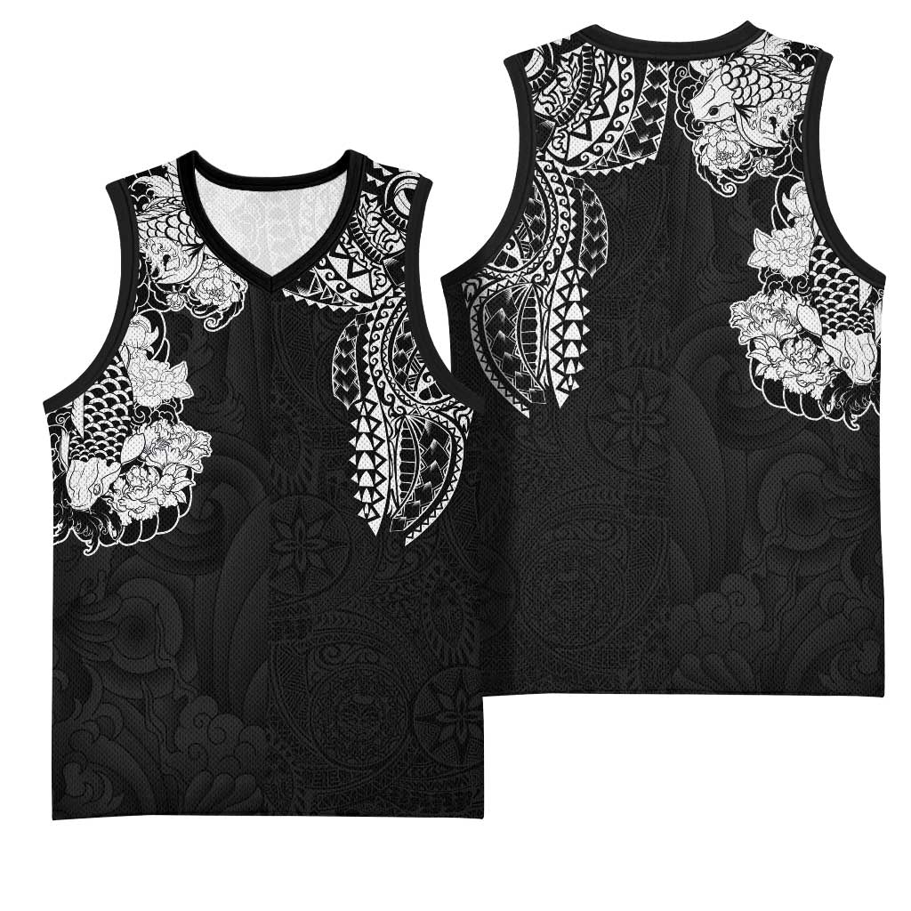Japanese Irezumi and Hawaiian Polynesian Art Tattoo Basketball Jersey Black Color - Polynesian Pride