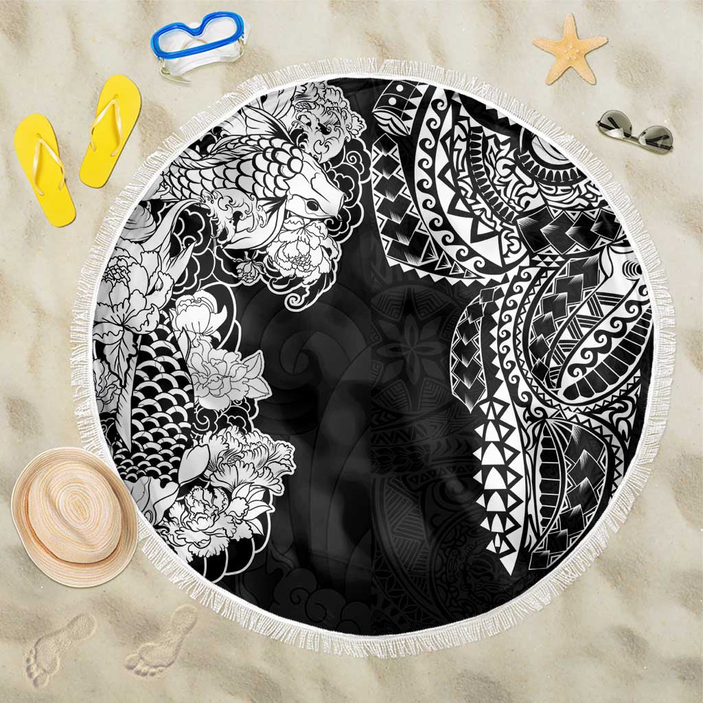 Japanese Irezumi and Hawaiian Polynesian Art Tattoo Beach Blanket Black Color - Polynesian Pride