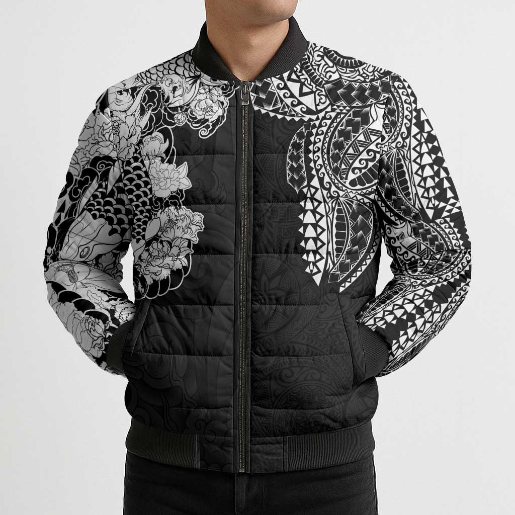 Japanese Irezumi and Hawaiian Polynesian Art Tattoo Bomber Puffer Jacket Black Color - Polynesian Pride