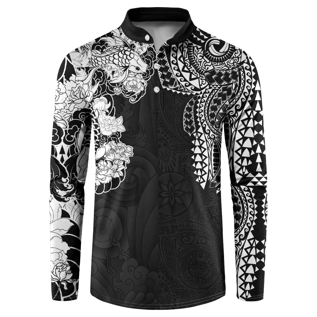 Japanese Irezumi and Hawaiian Polynesian Art Tattoo Button Sweatshirt Black Color - Polynesian Pride