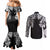 Japanese Irezumi and Hawaiian Polynesian Art Tattoo Couples Matching Mermaid Dress and Long Sleeve Button Shirt Black Color - Polynesian Pride