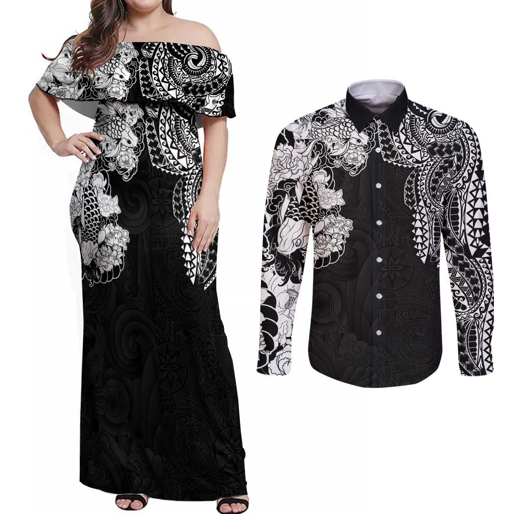 Japanese Irezumi and Hawaiian Polynesian Art Tattoo Couples Matching Off Shoulder Maxi Dress and Long Sleeve Button Shirt Black Color - Polynesian Pride
