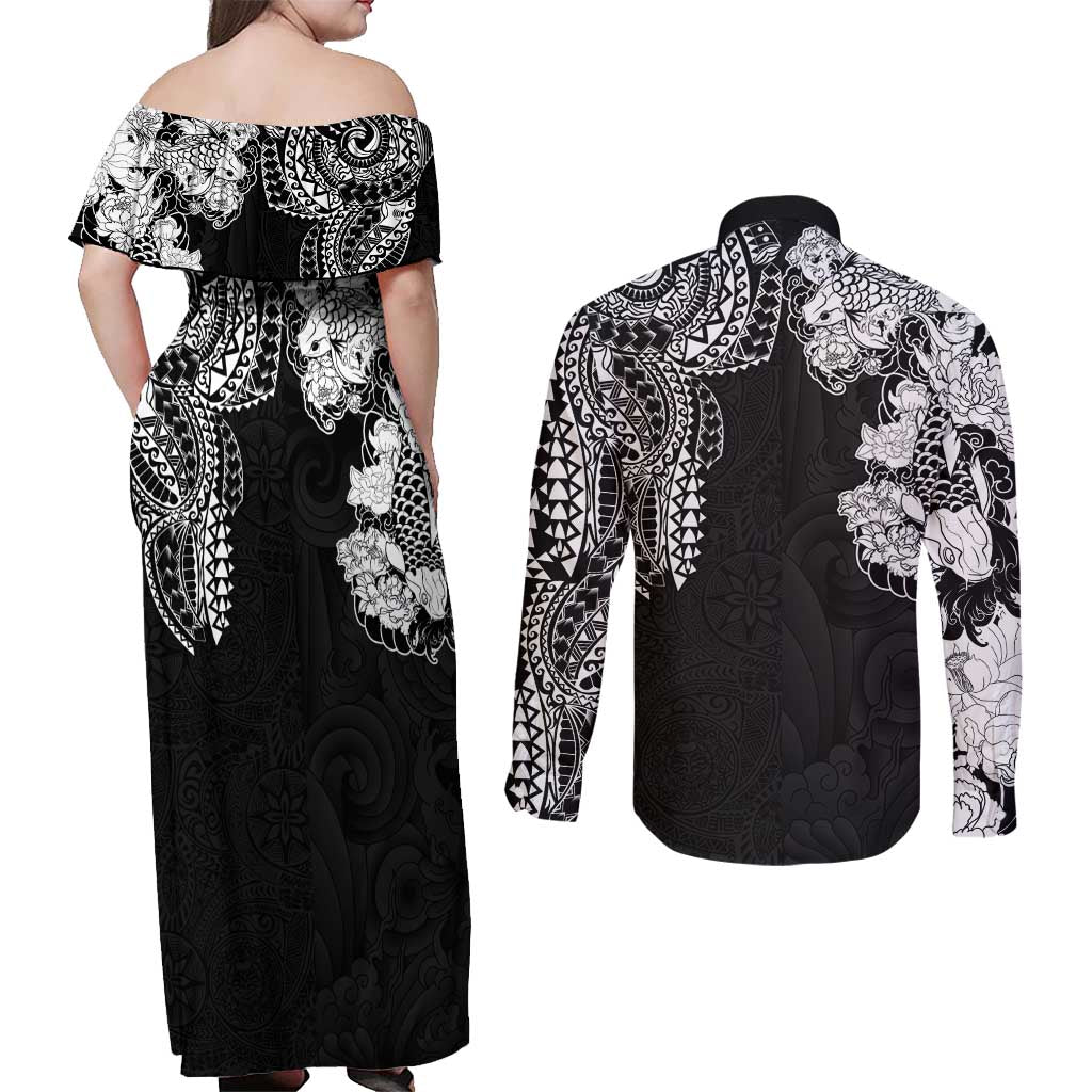 Japanese Irezumi and Hawaiian Polynesian Art Tattoo Couples Matching Off Shoulder Maxi Dress and Long Sleeve Button Shirt Black Color - Polynesian Pride