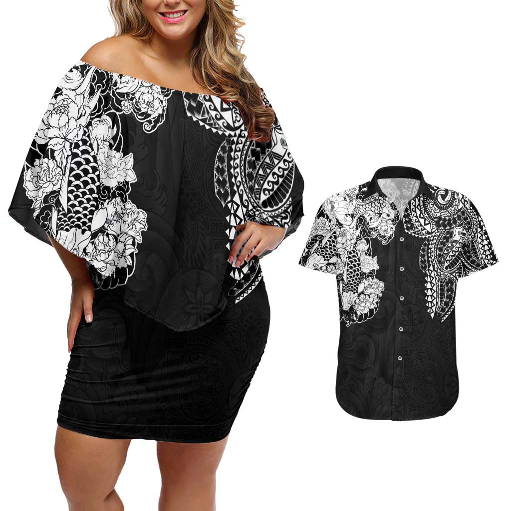 Japanese Irezumi and Hawaiian Polynesian Art Tattoo Couples Matching Off Shoulder Short Dress and Hawaiian Shirt Black Color - Polynesian Pride