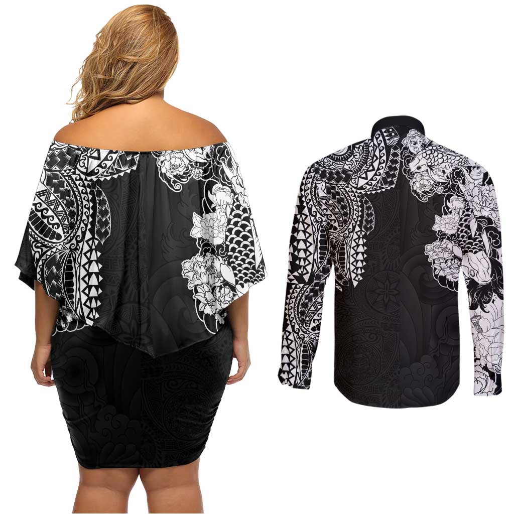 Japanese Irezumi and Hawaiian Polynesian Art Tattoo Couples Matching Off Shoulder Short Dress and Long Sleeve Button Shirt Black Color - Polynesian Pride