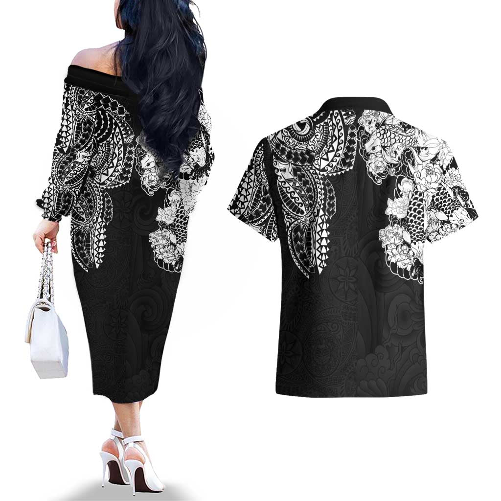 Japanese Irezumi and Hawaiian Polynesian Art Tattoo Couples Matching Off The Shoulder Long Sleeve Dress and Hawaiian Shirt Black Color - Polynesian Pride