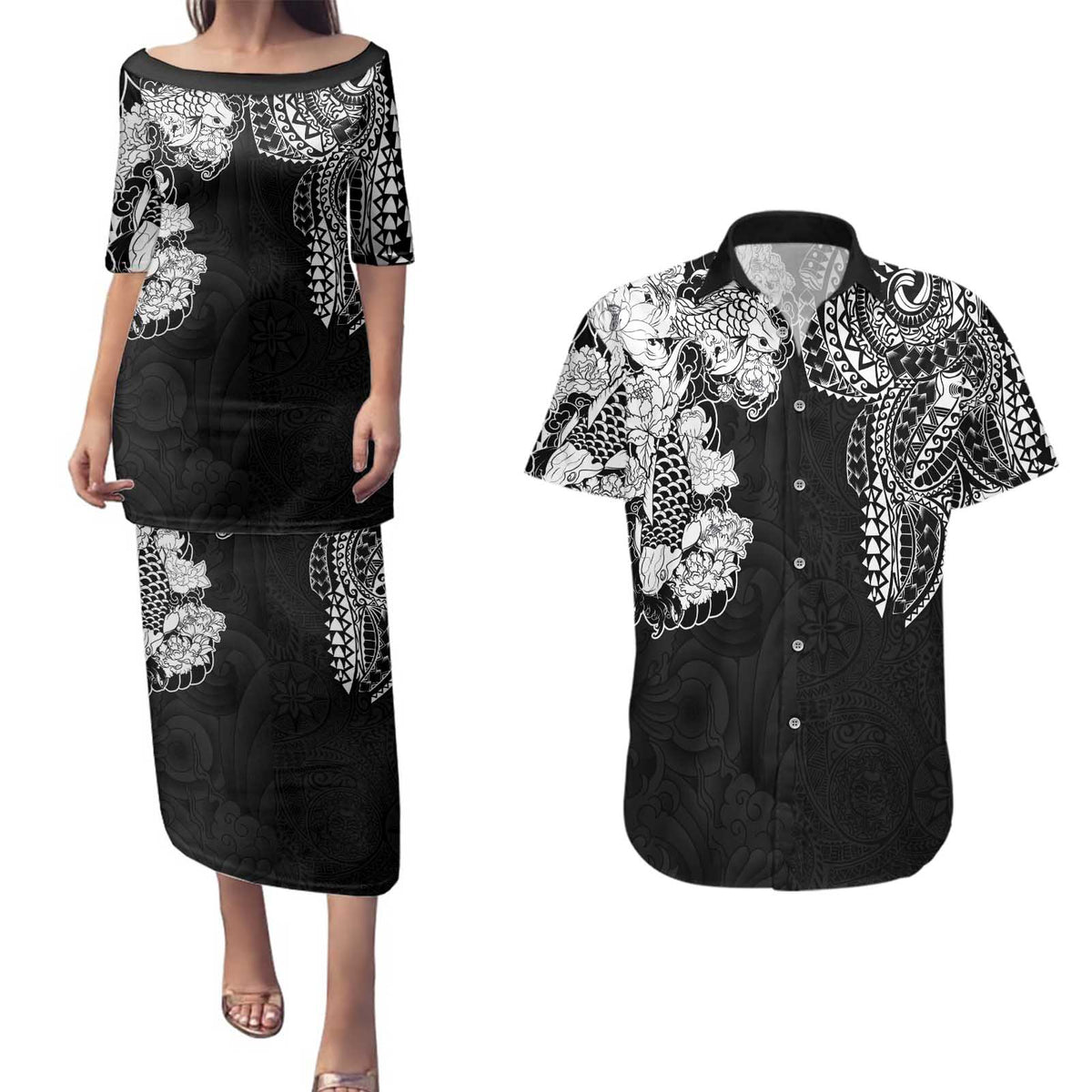 Japanese Irezumi and Hawaiian Polynesian Art Tattoo Couples Matching Puletasi and Hawaiian Shirt Black Color - Polynesian Pride