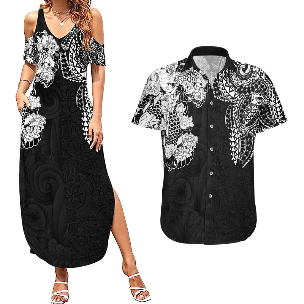 Japanese Irezumi and Hawaiian Polynesian Art Tattoo Couples Matching Summer Maxi Dress and Hawaiian Shirt Black Color - Polynesian Pride