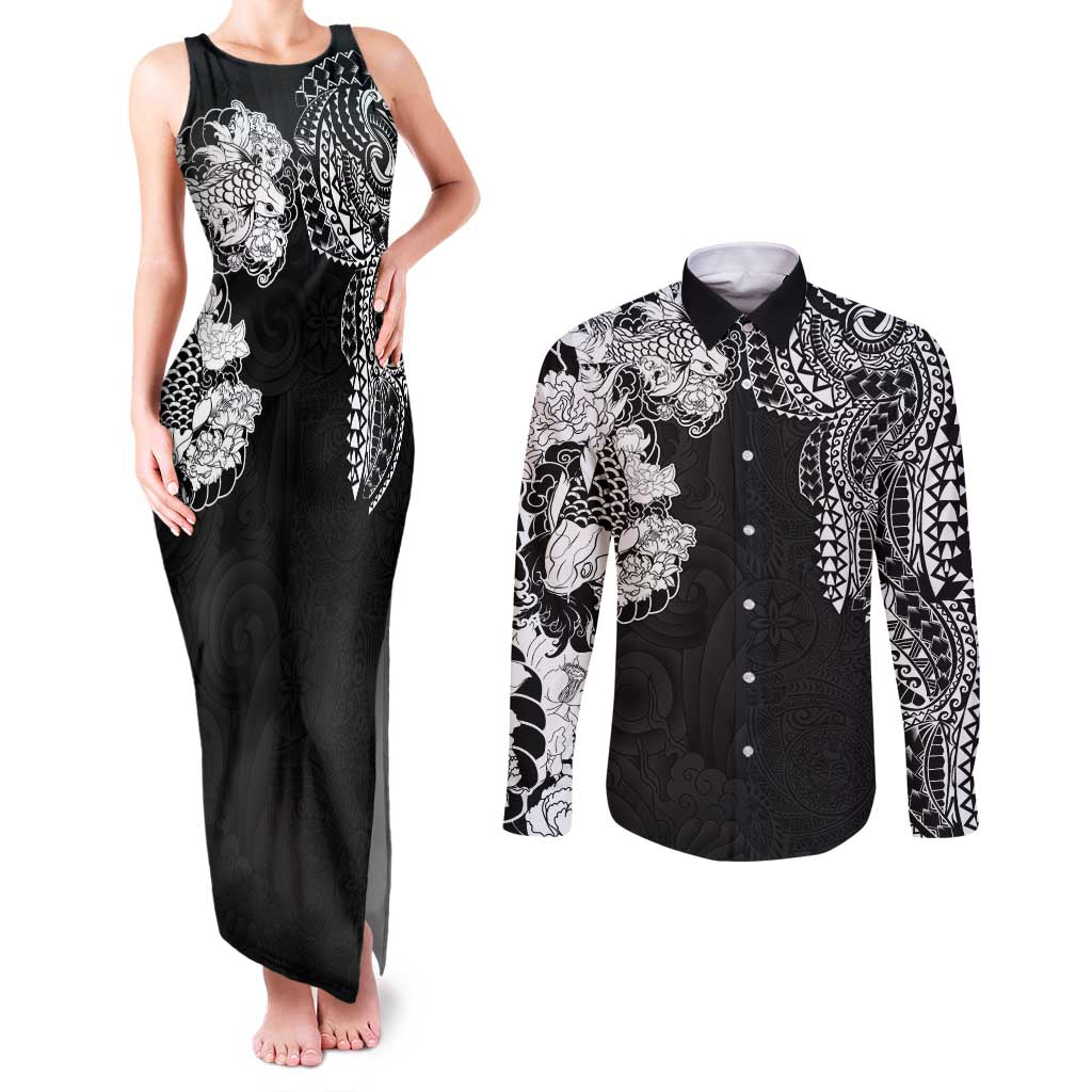 Japanese Irezumi and Hawaiian Polynesian Art Tattoo Couples Matching Tank Maxi Dress and Long Sleeve Button Shirt Black Color - Polynesian Pride