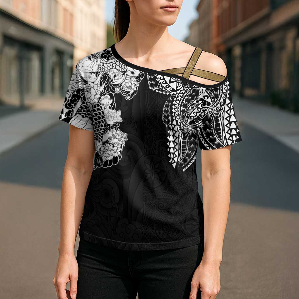 Japanese Irezumi and Hawaiian Polynesian Art Tattoo Cross Shoulder Shirt Black Color - Polynesian Pride