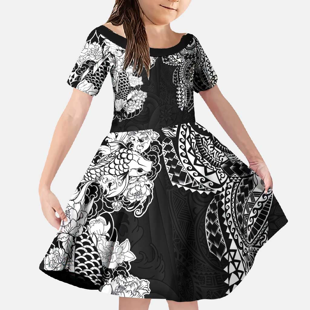 Japanese Irezumi and Hawaiian Polynesian Art Tattoo Family Matching Long Sleeve Bodycon Dress and Hawaiian Shirt Black Color - Polynesian Pride