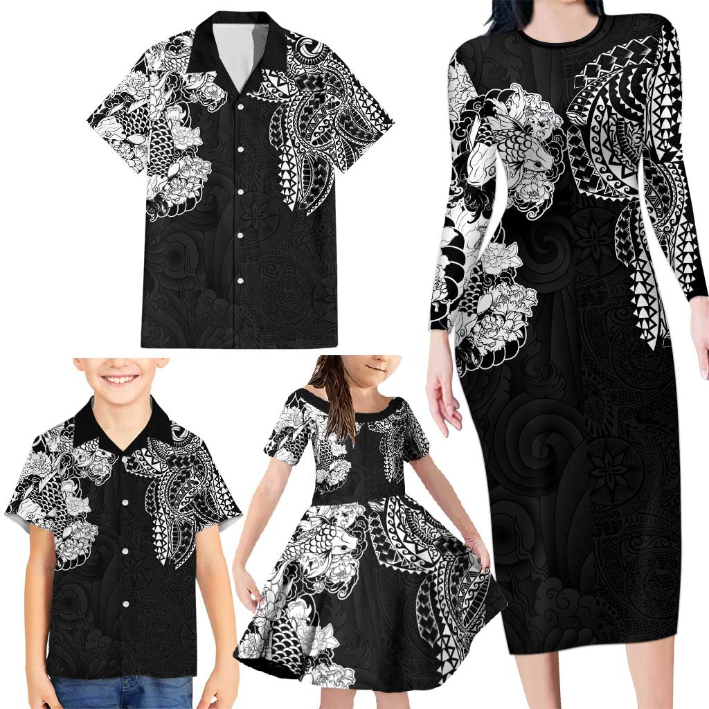 Japanese Irezumi and Hawaiian Polynesian Art Tattoo Family Matching Long Sleeve Bodycon Dress and Hawaiian Shirt Black Color - Polynesian Pride