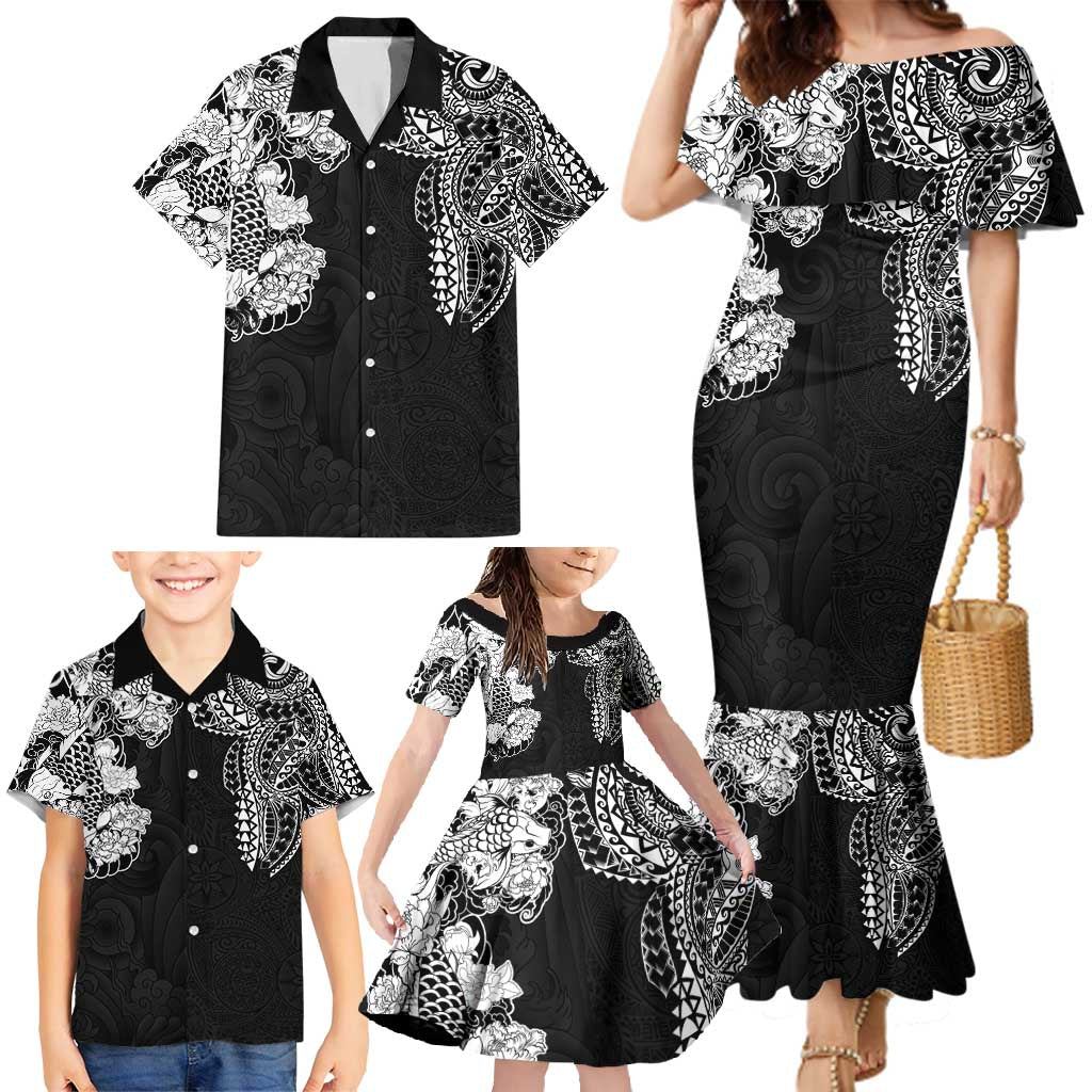 Japanese Irezumi and Hawaiian Polynesian Art Tattoo Family Matching Mermaid Dress and Hawaiian Shirt Black Color - Polynesian Pride