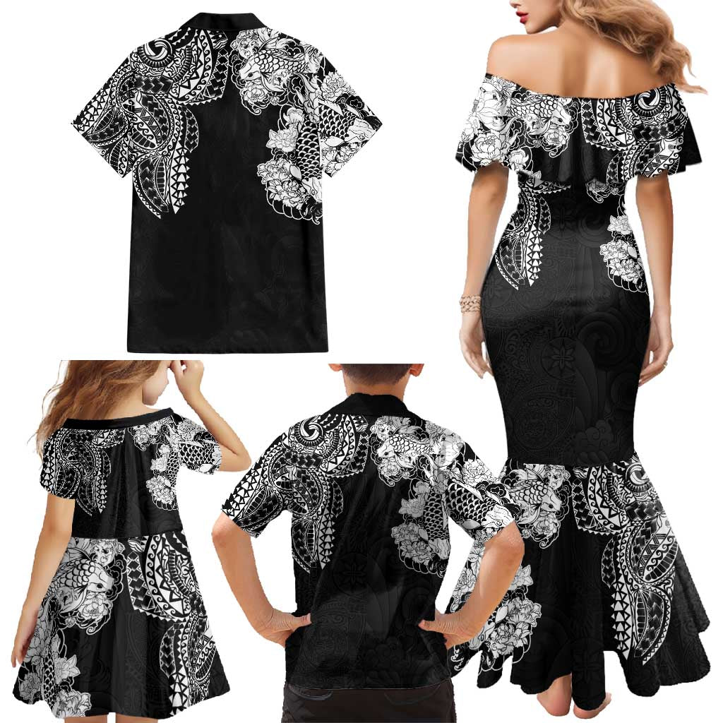 Japanese Irezumi and Hawaiian Polynesian Art Tattoo Family Matching Mermaid Dress and Hawaiian Shirt Black Color - Polynesian Pride